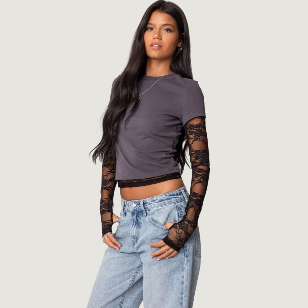 Edikted Gray Ribbed Knit Top with Black Lace Long Sleeves S17640 NEW M